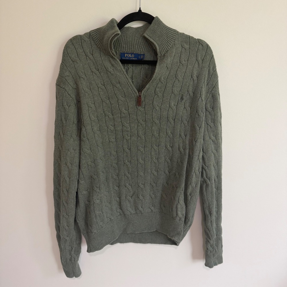 Polo Ralph Lauren Mens Large Sage Green Cable Knit Quarter Zip Cotton Sweater